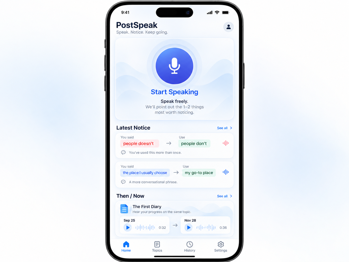 PostSpeak iPhone home screen showing a speaking action and two focused language notices
